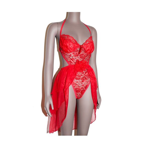 Red Lace Bodysuit Sheer Mesh Floral One Piece Women Sexy Lingerie - Picture 3 of 4